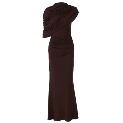 Women Clothing Summer Oblique Shoulder Design Skinny Sheath Pleated Irregular Asymmetric Dress - Wanita Store
