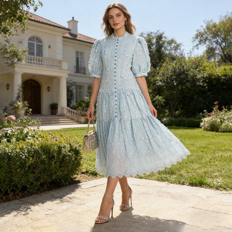 Autumn Arrival Sophisticated Solid Color Spliced Single Breasted Maxi Dress with Floral Pattern Defined Waist Slimming Fit Women Dress
