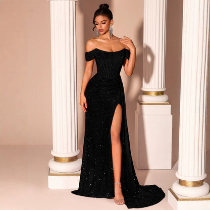 Vestido de Noche Negro sin Tirantes Lentejuelas Ajustado Estilizador Cola de Pez Vestido de Novia para Brindis Vestido de Noche de Cóctel