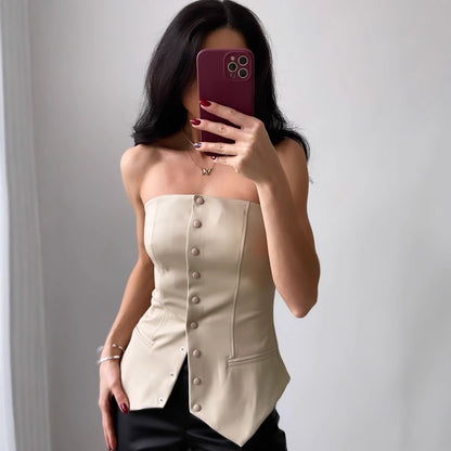 Women Faux Leather Tube Top Sexy Backless off Neck Tight Women Small Tube Top Vest - Wanita Store