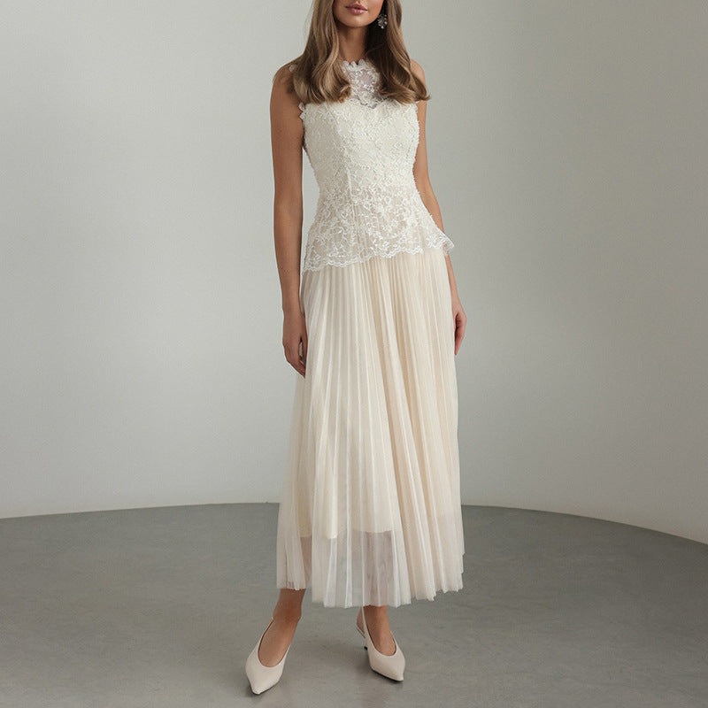 Women Elegant High Grade Dress Summer Lace Embroidered Mesh Stitching Sleeveless Dress