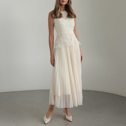 Women Elegant High Grade Dress Summer Lace Embroidered Mesh Stitching Sleeveless Dress - Wanita Store