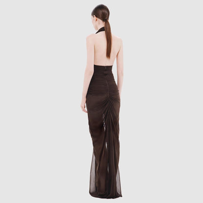Women Clothing Sexy V neck Slim Fit Pleated Hip Backless Halter Dress
