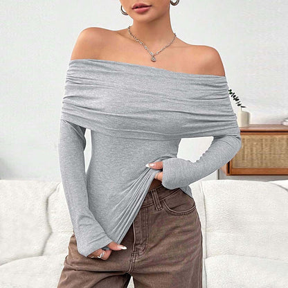 Autumn Winter Women Clothing Sexy off the Shoulder off Neck Slim Knit Long Sleeve Tops - Wanita Store