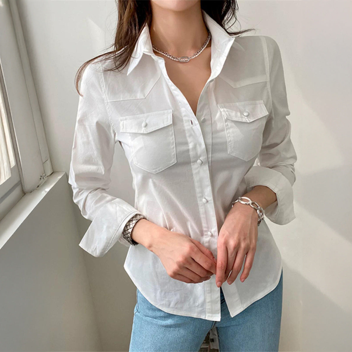 Women Clothing Autumn Simple Vacation Button Long Sleeve Tops Shirt - Wanita Store