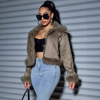Suede Short Coat Women Fall Winter Jacket Motorcycle Clothing Women - Wanita Store