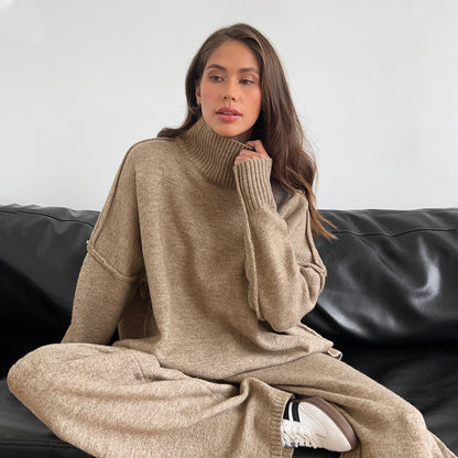 Turtleneck Sweater Suit Women Autumn Winter Loose Casual Lazy Thickened Knitting Trousers Suit - Wanita Store