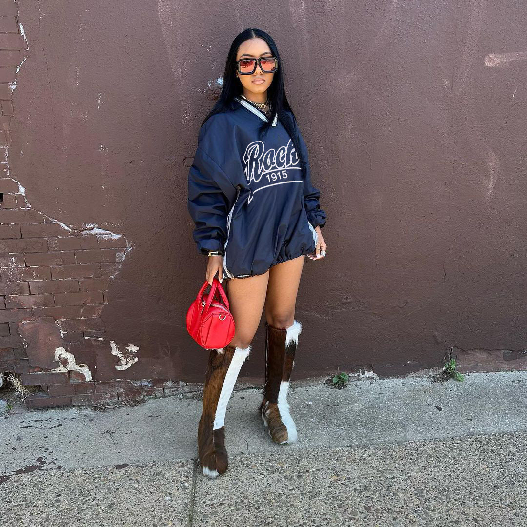 Street Casual Women Letter Graphic Print Contrast Color Women Loose Large Hoody Mid Length Drawstring V neck Top