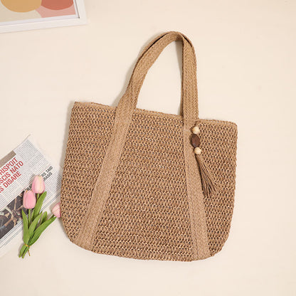 Women Solid Color Woven Bag Large Capacity Shoulder Straw Bag Vacation Beach Bag Women Bag - Wanita Store