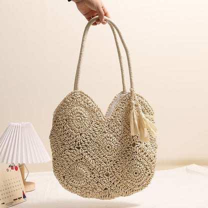 Hollow Out Cutout Tassel Straw Bag Large Capacity Shoulder Woven Bag Vacation Beach Bag Women Bag - Wanita Store
