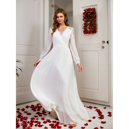 Dress Lace Long Patchwork Waist Noble Evening Dress Chiffon Wedding Clothes