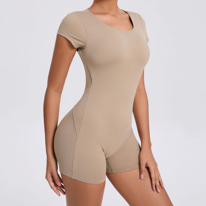 Backless Peach Hip Skinny Yoga Clothes Dance Sports Workout Clothes Hip Lift Belly Shaping Short Sleeve Yoga Jumpsuit - Wanita Store