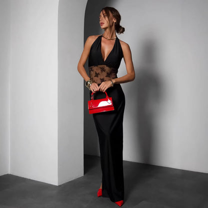 Vestido de verano elegante negro sexy sin espalda con encaje y cuello halter sin mangas para mujer