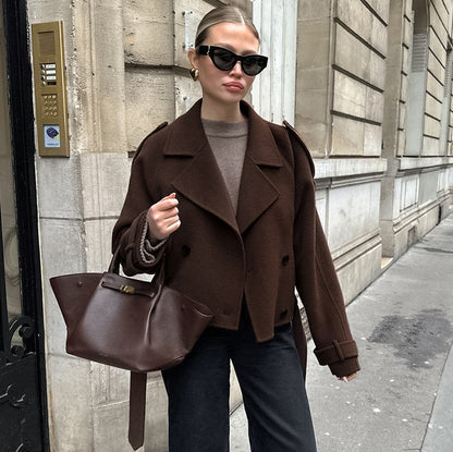 Autumn Winter Collared Elegant Double Breasted Woolen Coat Office Coat Women - Wanita Store