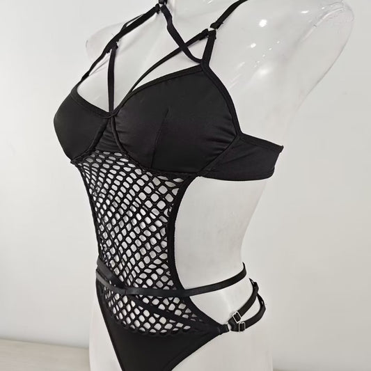 Sexy Large Mesh Hollow Out Cutout Cross Ribbon Stitching Sexy Lingerie Set