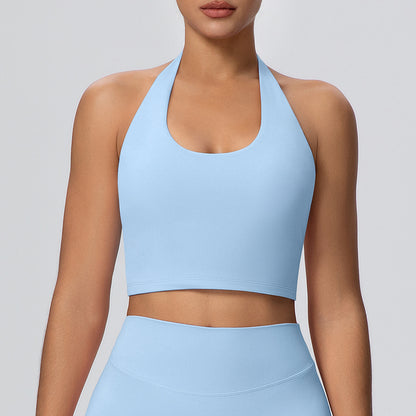 Solid Color Halter Beauty Back Nude Feel Yoga Vest Top Chest Pad Sports Bra Underwear Fitness Yoga Wear - Wanita Store