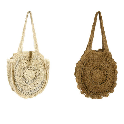 Floral Shoulder Bag round Large Capacity Hollow Out Cutout Straw Bag Straw Bag Woven Bag Vacation Beach Bag - Wanita Store