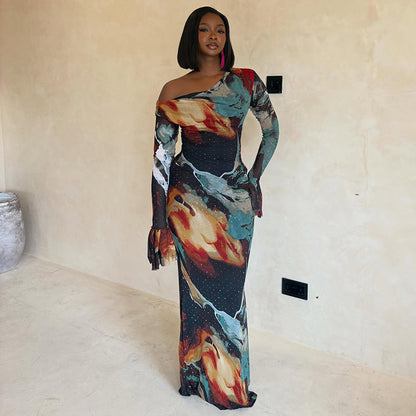 Robe élégante asymétrique de rue pour femme, imprimée, avec col diagonal et manches longues aux épaules