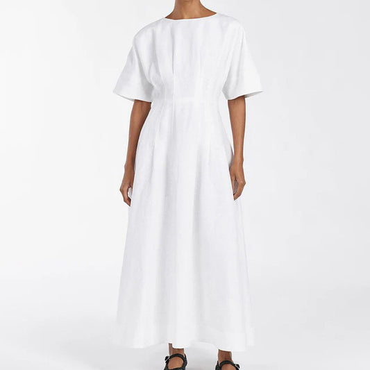 Women Clothing Simple Casual A line Dress Cotton round Neck Short Sleeve Waist Controlled Dress