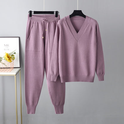 Autumn Winter Sweater Harem Pants Suit Russian Casual Sweater Pullover Two Piece Set - Wanita Store