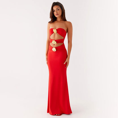 Summer Ladies Sexy Cutout Dress off Neck Metal Floral Sexy Slim Fit Maxi Dress - Wanita Store