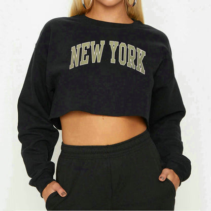 Women Clothing Autumn Winter York Letter Graphic Printing Short Loose Long Sleeves Sweatshirt - Wanita Store