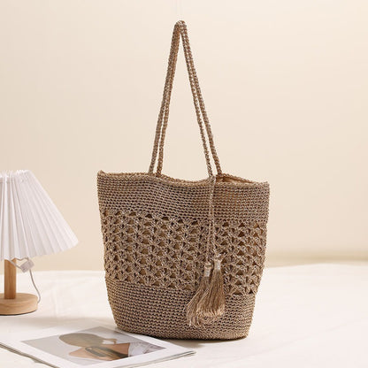 Large Capacity Hollow Out Cutout out Straw Bag All Matching Tassel Woven Bag Women Vacation Beach Bag Casual Shoulder Bag - Wanita Store
