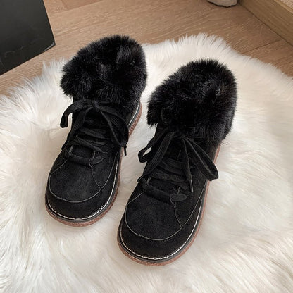 Warm Lace up Low Top Cotton Shoes Women Winter Fleece lined Thickened round Lace up Snow Platform Ankle Boots - Wanita Store