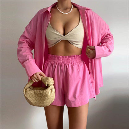 Spring Summer Two Piece Set Solid Color Single Breasted Long Sleeve Collared Shirt Shorts Loose Casual Set - Wanita Store