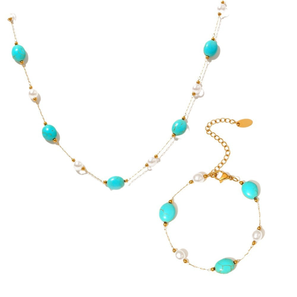 Niche Natural Turquoise Imitation Pearl Necklace Bracelet Stainless Steel Light Luxury Elegant Outfit - Wanita Store