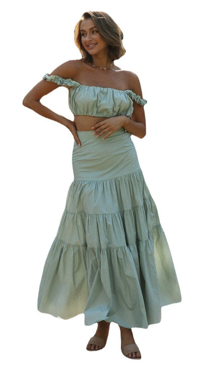 Women Clothing Solid Color Suspender Top Half-Length Large Swing Skirt Set - Wanita Store