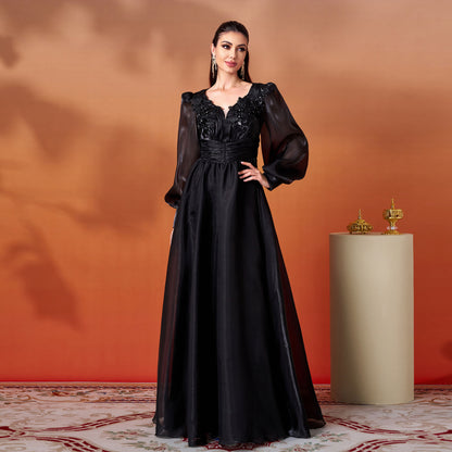 Women Clothing Advanced Long Sleeve V neck Lace Cocktail Large Swing Evening Dress - Wanita Store