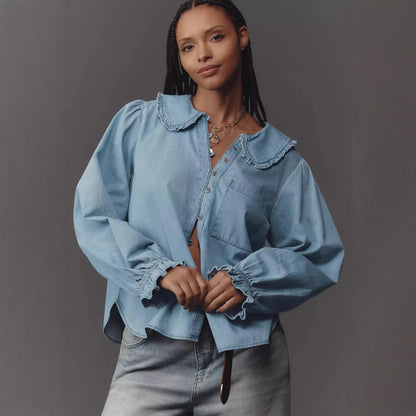 Camisa vaquera ligera de manga larga casual retro para mujer para primavera y otoño