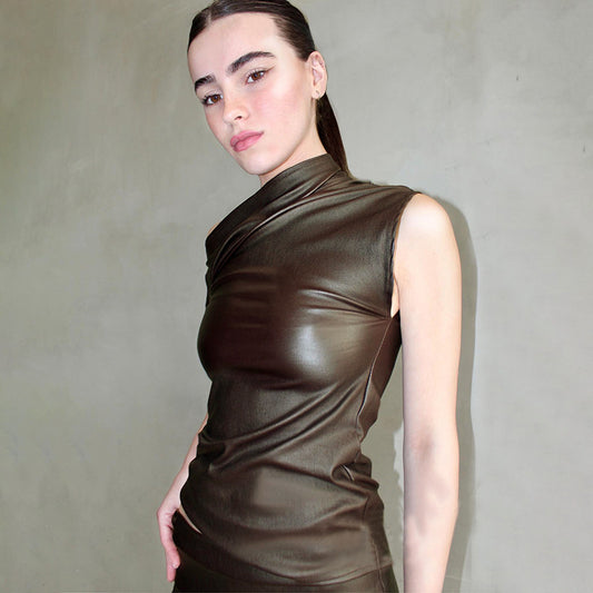 Women Clothing Slim Fit Oblique Shoulder Leather Coat Summer Street Hipster Off Shoulder Top Women