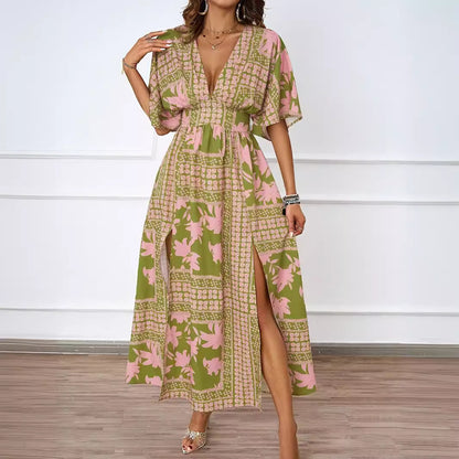 Vestido estampado para mujer con cuello en V, manga corta y cintura ajustada, ideal para el verano