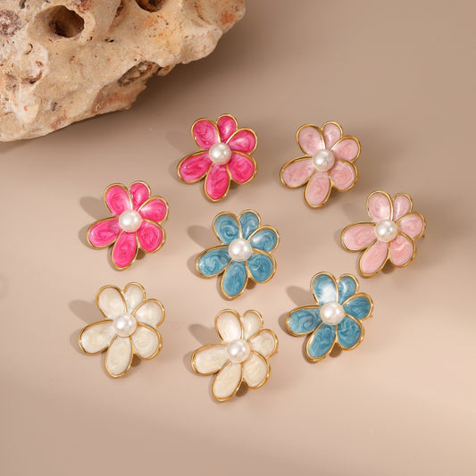 Colorful Oil Necklace Floral Earrings Inlaid Pearl French Design Vintage Stainless Steel Earrings - Wanita Store