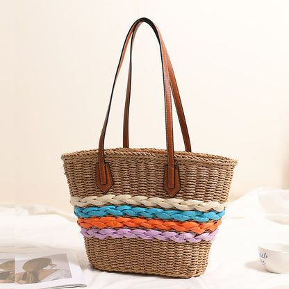 Bohemian One Shoulder Straw Bag Rainbow Stripes Straw Bag Woven Bag Vacation Beach Bag Women Bag - Wanita Store