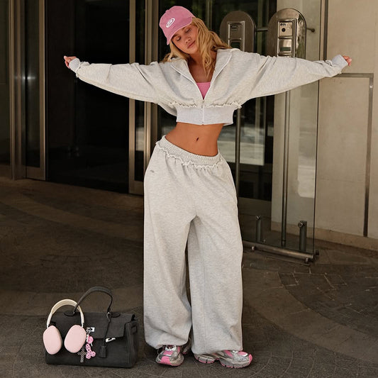 Autumn Cropped Short Type Hooded Jacket High Waist Wide Leg Casual Trousers Suit Women