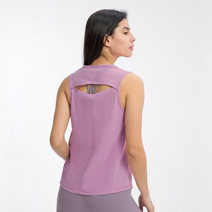 Spring Summer Back Hollow Out Cutout Sports Sleeveless T shirt Light Breathable Cooldry Workout Top - Wanita Store
