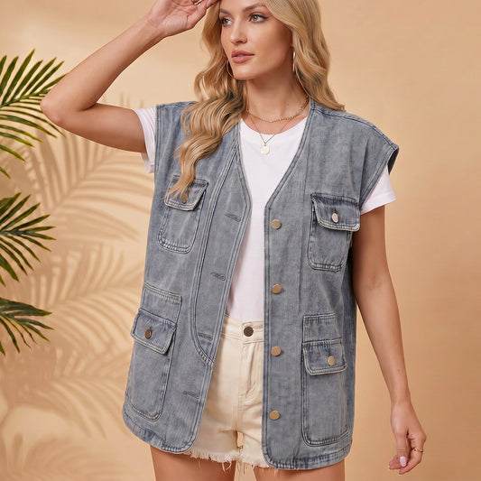 Washed Denim Vest Single Breasted Multi Pocket Workwear Sleeveless Waistcoat Women