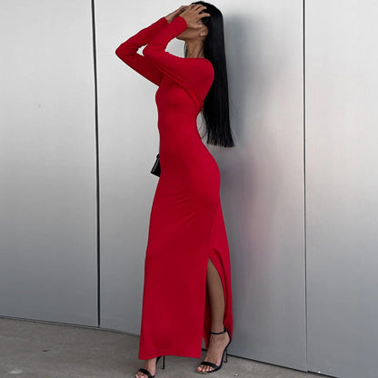 Women Clothing Spring Summer Solid Color Long Sleeve Tight Waist Hip Split Dress Women - Wanita Store