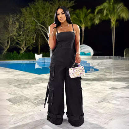 Women Clothing Sexy Tube Top Multi Pocket Workwear Jumpsuit Wide Leg Jumpsuit - Wanita Store
