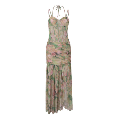 Women Clothing Summer Sexy Spaghetti Strap Floral Print Vacation Beach High Waist Slimming Slit Dress Women - Wanita Store
