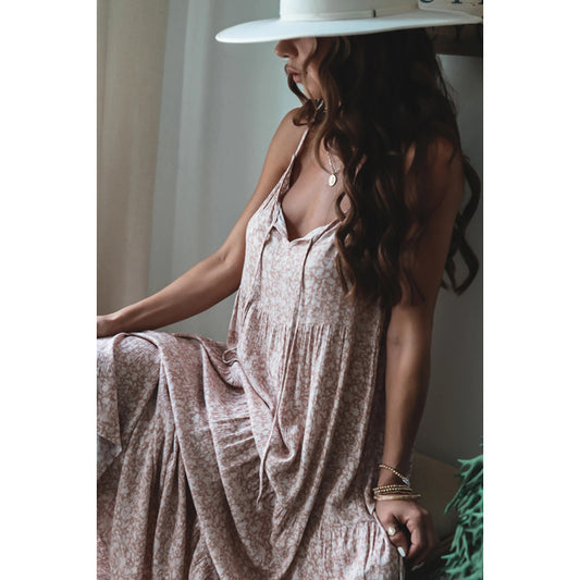 Strap Layered Lace up Maxi Dress Loose Floral Dress Women