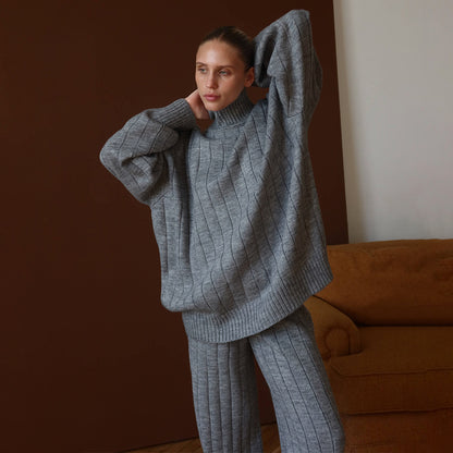Turtleneck Knitting Autumn Winter Sunken Stripe Loose Fitting Comfortable Sweater Wide Leg Pants Two Piece Set