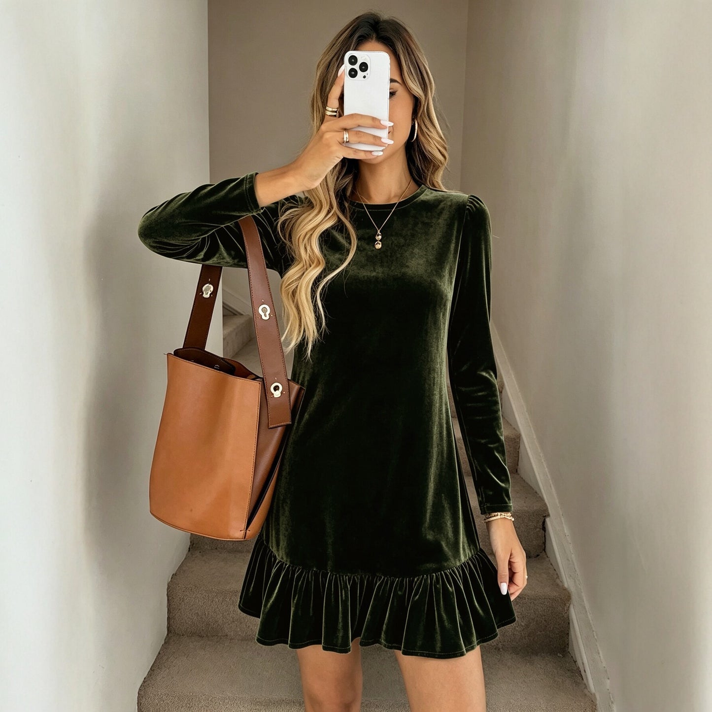 Women round Neck Velvet Dress Long Sleeve Waist Slimming Flounce Hem Dress