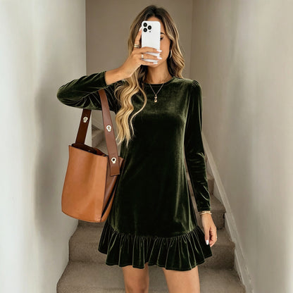 Vestido de terciopelo de mujer con cuello redondo, manga larga, cintura entallada y dobladillo con volantes