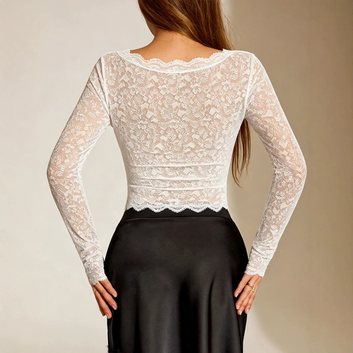 Camiseta Larga de Encaje de Manga Larga para Mujer, Sexy Transparente de Malla, Ajustada e Interior