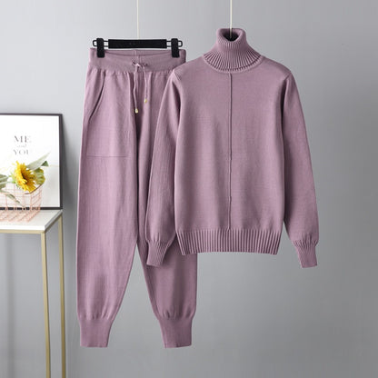 Casual Set Autumn Winter Turtleneck Solid Color Sweaters Two Piece Set - Wanita Store
