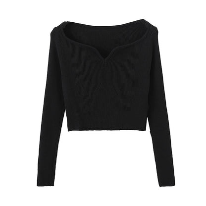 Petal Collar Short Sweater for Women Autumn Slim Fit Collarbone Bottoming Shirt - Wanita Store